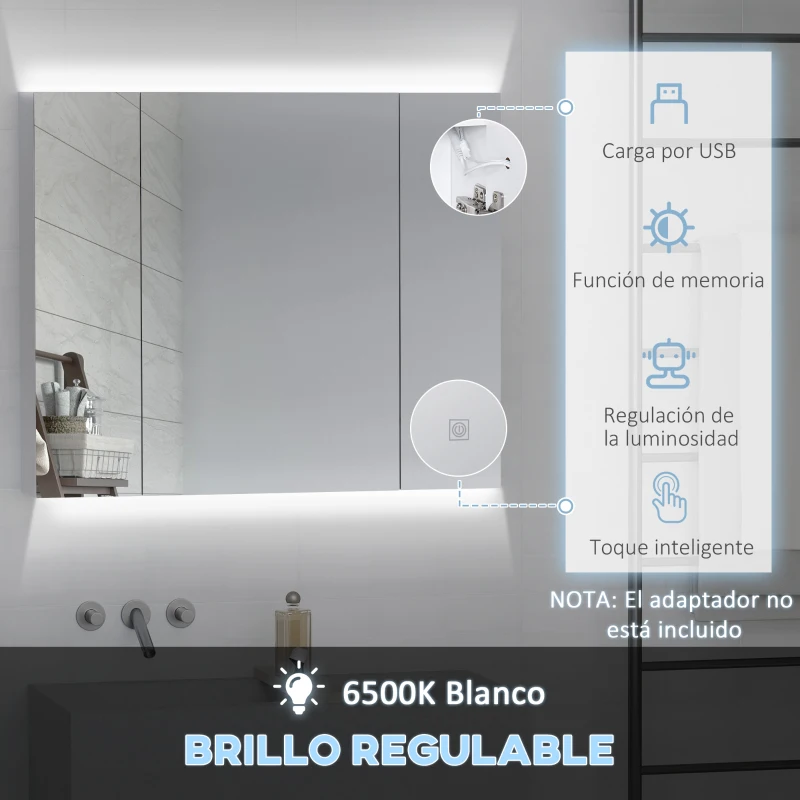 kleankin Armario de Baño con Espejo Luces LED Estantes Ajustables y USB Estilo Moderno 90x15x75 cm Blanco