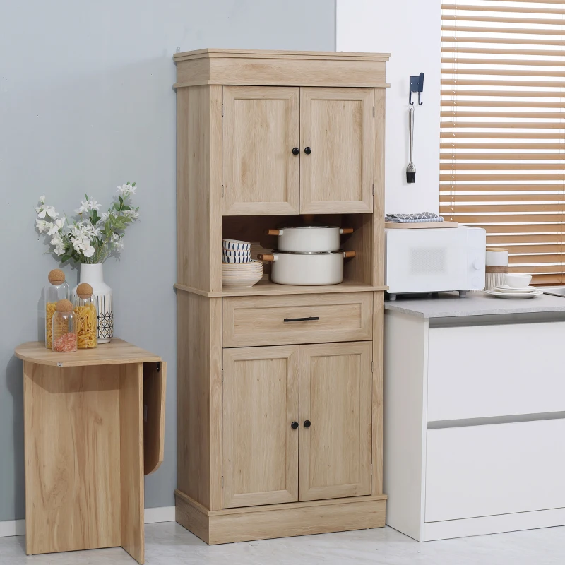 HOMCOM Alacena de Cocina con 4 Puertas 1 Cajón y Estante Abierto Mueble Auxiliar para Microondas 74x39,5x183 cm Roble(m-2)