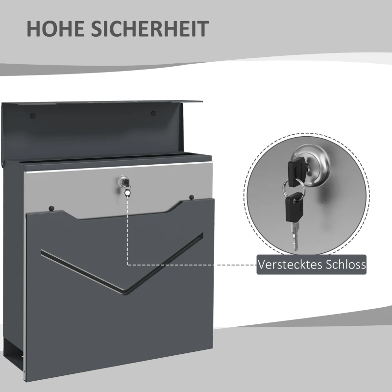 HOMCOM Briefkasten Postkasten, modernes Design, wetterbeständig, 37 cm x 10,5 cm x 37 cm, Grau