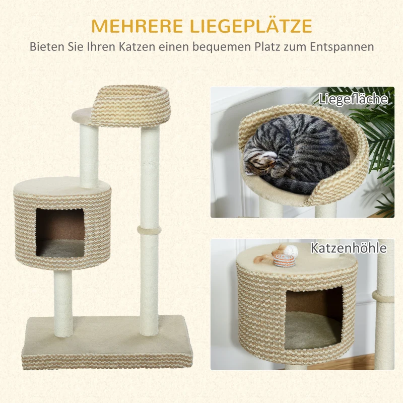 PawHut Katzenbaum Kratzbaum Kletterbaum Katzenkratzbaum, kuschelige Aussichtsplattformen, beige und kaffee, Spanplatte, Plüsch, Jute, 61x41x96 cm