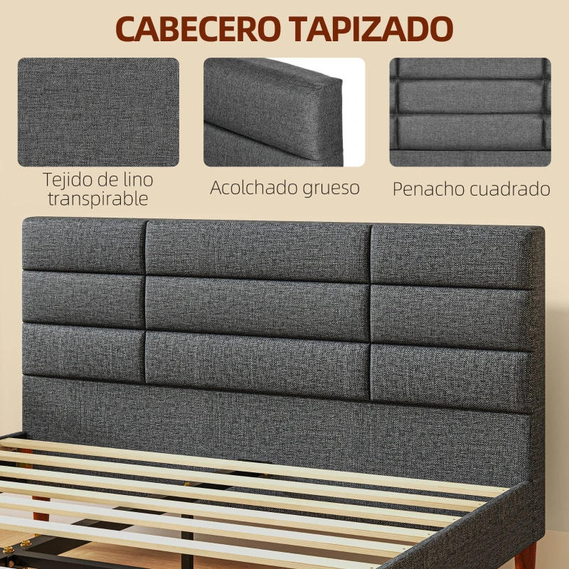 HOMCOM Estructura de Cama 140x200 cm con Cabecera Tapizada de Lino y Espacio de Almacenamiento Carga 250 kg Gris