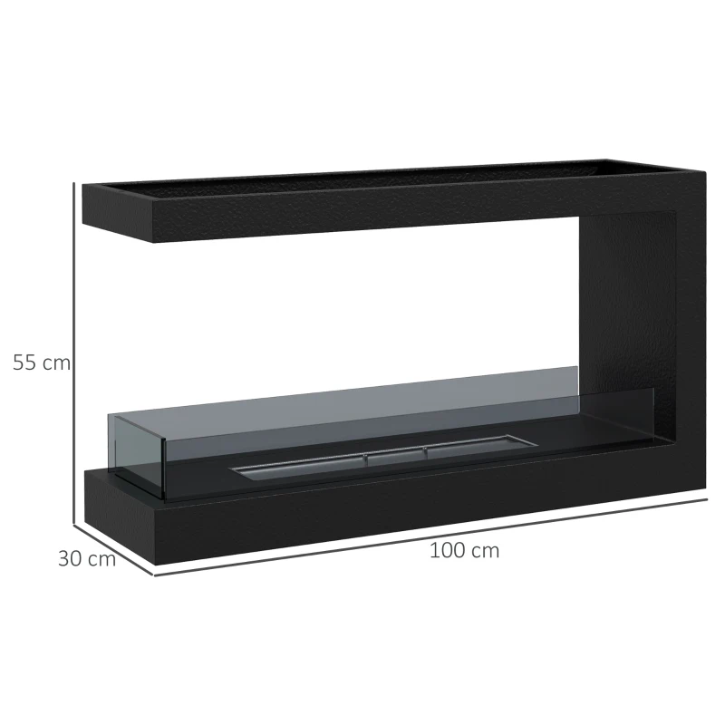 HOMCOM Semineu cu Bioetanol cu 3 Laturi cu Arzator de 2.4L si Durata 4 Ore, Biosemineu cu Panou din Sticla si  Capac 30㎡, 100x30x55cm, Negru
