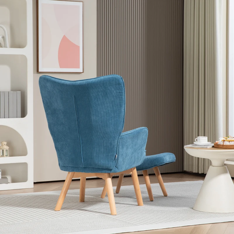 HOMCOM Akzentsessel mit Hocker, Relaxsessel in Cord-Optik, Armlehnstuhl mit Holzbeinen, für Wohnzimmer, Blau(m-8)