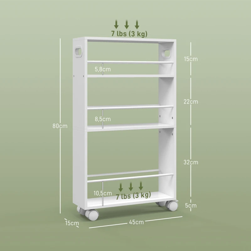 HOMCOM Carrito Auxiliar con Ruedas 3 Estantes con Barandillas Laterales y Asas para Cocina Comedor Baño 45x15x80 cm Blanco