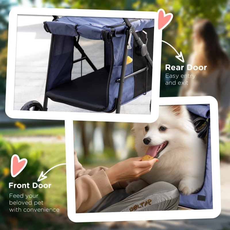 PawHut Dog Pram Dog Stroller 4 Wheels Pet Pushchair with Rolling Door, Cushion, Safety Leashes, for Small and Medium Breeds, Dark Blue