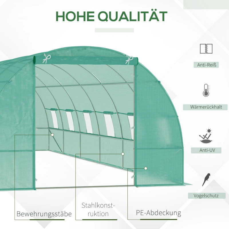 Outsunny Gewächshaus 800x300x200cm Foliengewächshaus Tomatenhaus mit Tür, 12 Fenster, Folientunnel aus verzinktem Stahl, PE, stabiles Treibhaus Pflanztunnel, inkl. Erdanker & Seilen, Grün