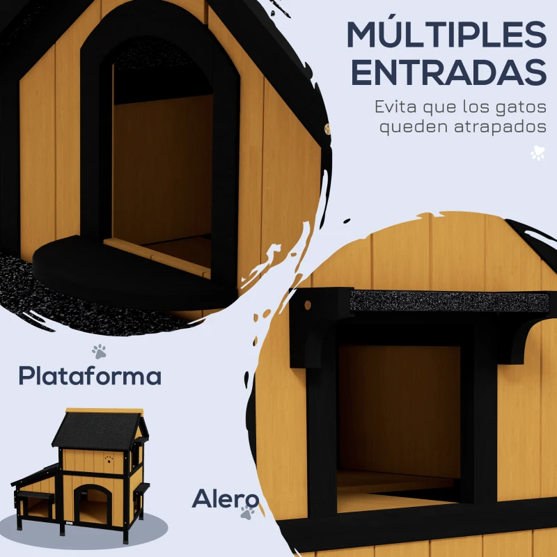 PawHut Caseta de Madera de Exterior para Gatos Casa para Gatos Refugio para Gatos de 2 Niveles 96x65x85,5 cm Natural