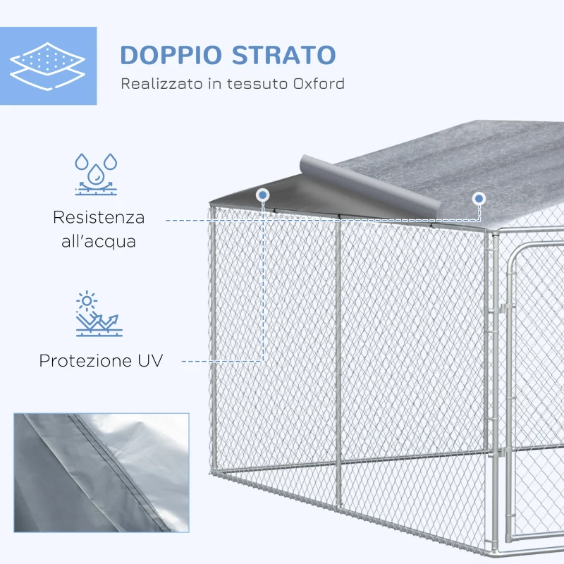 PawHut Kennel per Cani in Metallo con Tettuccio in Tessuto Oxford e Porta con Blocco, 4x4x2.3m