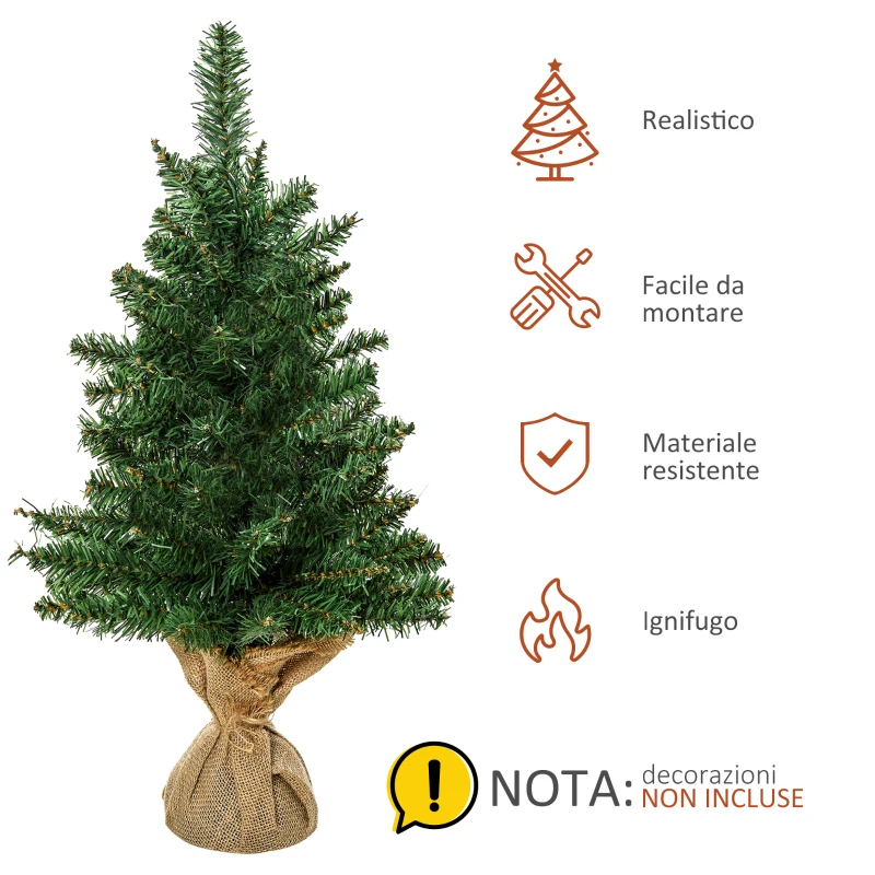 HOMCOM Albero di Natale Mini 60cm con 70 Rami Folti e Aghi Realistici in PVC, Base in Cemento e Iuta