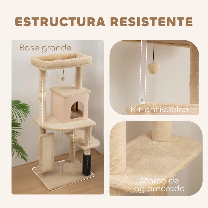 PawHut Árbol Rascador para Gatos 132 cm con Plataformas Poste con Cepillo Bolas Colgantes y Almohadilla para Rascar Beige