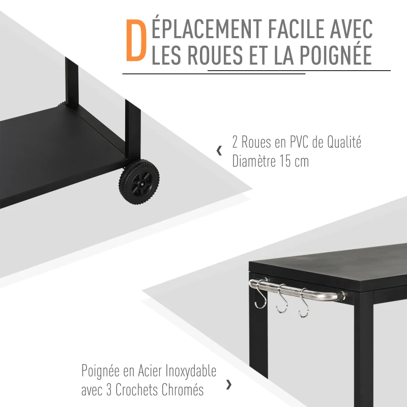 HOMCOM Desserte de Jardin en Acier Desserte pour plancha Chariot de Service à roulettes Desserte extérieure à roulettes avec plan de travail dim. 135L x 46l x 86H cm Noir