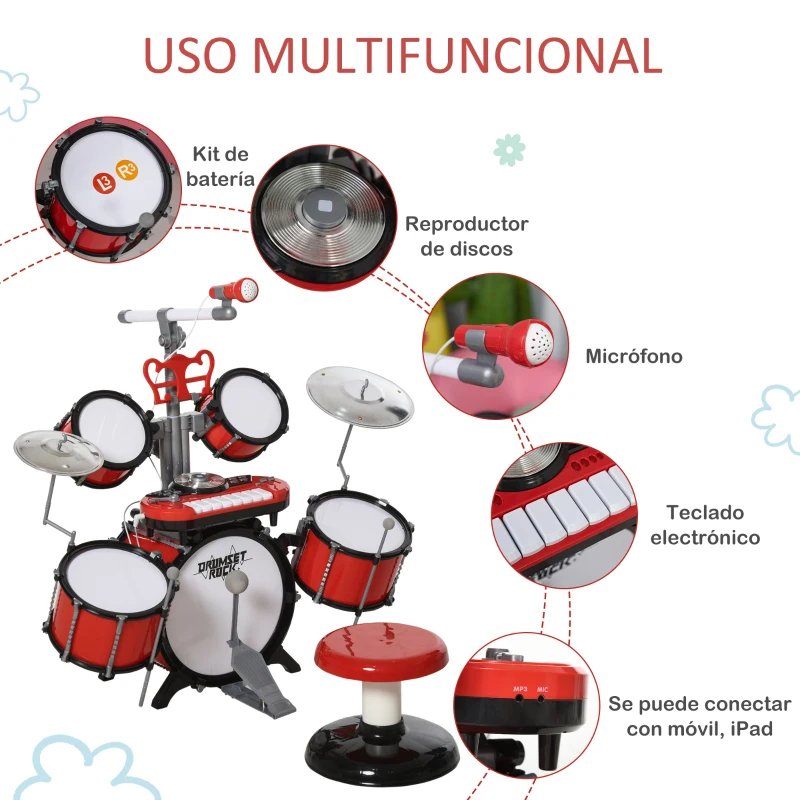 HOMCOM Batería Infantil con Taburete, Jazz Batería Infantil con 4 Tambores, Micrófono, Platos, Baquetas Teclado, Instrumento Musical para Niños +3 Años, Rojo