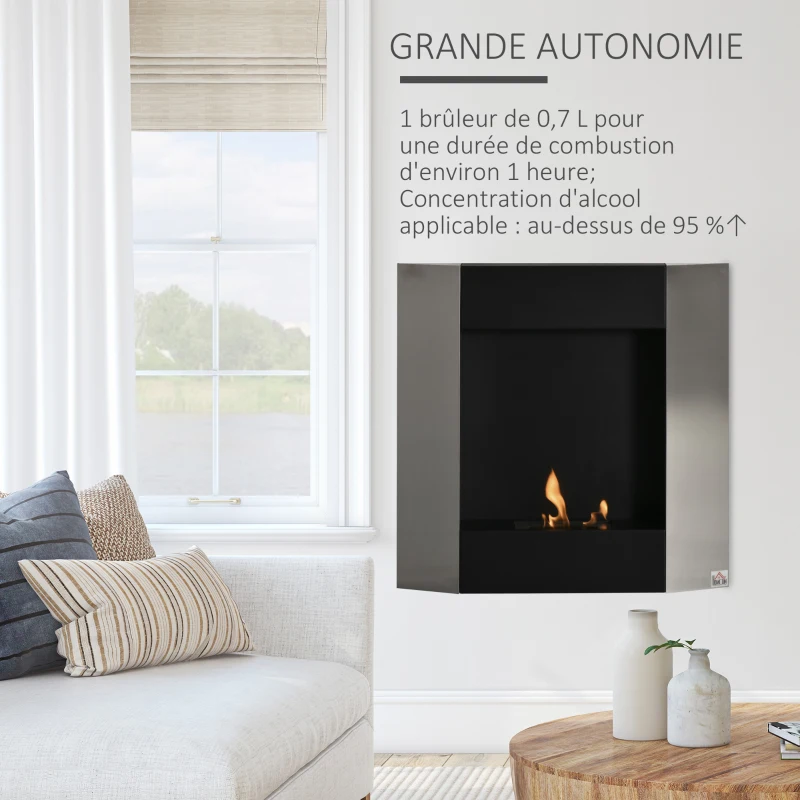 HOMCOM Cheminée bioéthanol Murale Encastrable, brûleur 0,7 L, contrôle de Flamme et Manche Inclus, dims 72 x 11P x 72H cm Acier inox et Noir