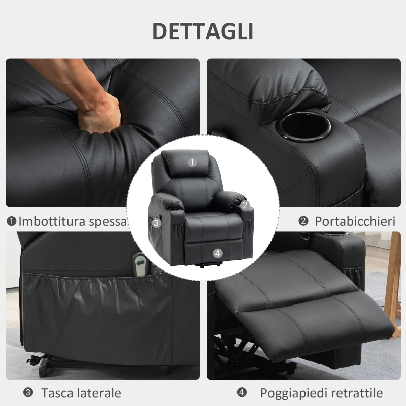HOMCOM Poltrona Alzapersona Reclinabile max 135° con 8 Punti Massaggianti e Poggiapiedi, 88x92x106 cm, Nero