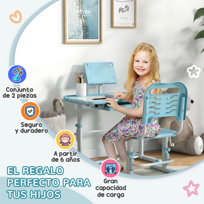 ZONEKIZ Pupitre Infantil Ajustable con 1 Cajón 1 Estante para Libros y Ángulo de Mesa Ajustable 80x49,5x82-104 cm Azul y Blanco