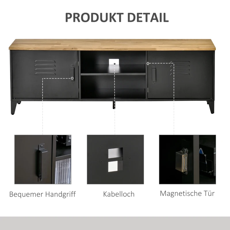 HOMCOM TV Schrank Fernsehschrank TV-Regal Fernsehtisch TV Lowboard Kommode für Fernseher bis zu 55" mit 2 Türen Regal für Wohnzimmer Schlafzimmer Metall Holz Schwarz 150 x 40 x 50 cm