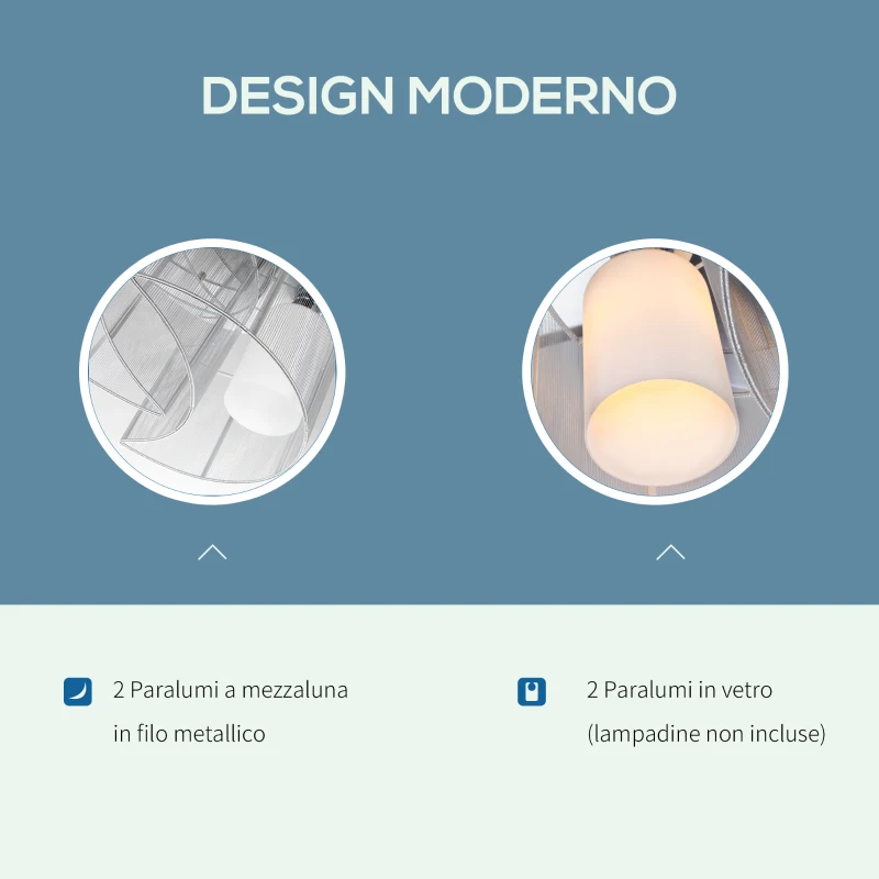 HOMCOM Lampadario a Incasso con 2 Paralumi a Mezzaluna in Metallo Argento e 2 Paralumi in Vetro Bianco, Φ35 x 25cm