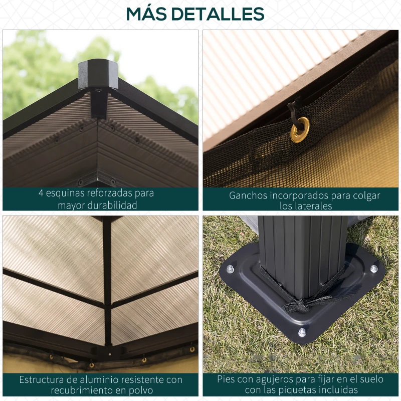 Outsunny Cenador para Jardín 3x3,6 m con Marco de Alumnio Pabellón para Exterior con Techo de Policarbonato Anti-UV Gazebo para Fiestas Eventos Beige