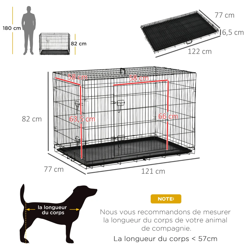 PawHut Cage caisse de transport pliante pour chien en acier 2 portes verrouillables 121 x 77 x 82 cm noir