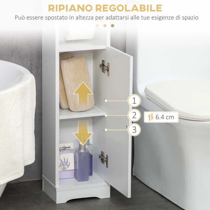 kleankin Colonna Bagno con 3 Ripiani Aperti e Armadietto a 2 Livelli Regolabile, in Legno, 23x18x100 cm, Bianco