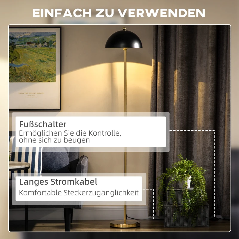 HOMCOM Stehleuchte im Vintage-Design, Standleuchte. E 27, 40 W, Fußschalter, Gold + Schwarz