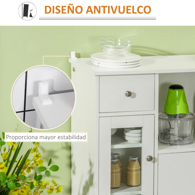 HOMCOM Aparador de Cocina Moderno con Puerta de Vidrio Mueble Auxiliar de Almacenaje para Comedor 80x30x82 cm Blanco(m-7)
