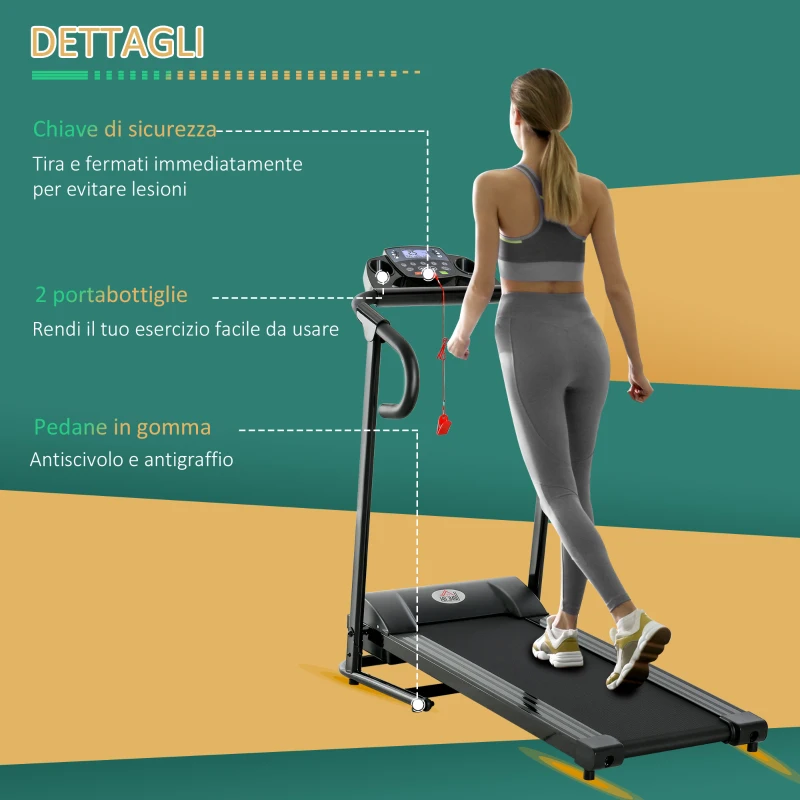 HOMCOM Tapis Roulant Elettrico Pieghevole Salvaspazio, Tapis Roulant Professionale con Display LCD, Velocità 0.8-10km/h e 12 Programmi, Potenza 500W, per Casa e Ufficio, Nero