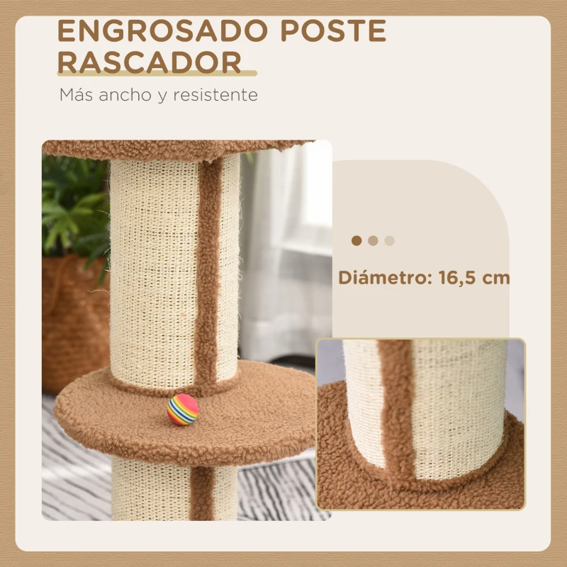 PawHut Árbol para Gatos Altura 91 cm de 3 Niveles con Nido Plataforma y Poste de Sisal 45x45x91 cm Marrón Claro