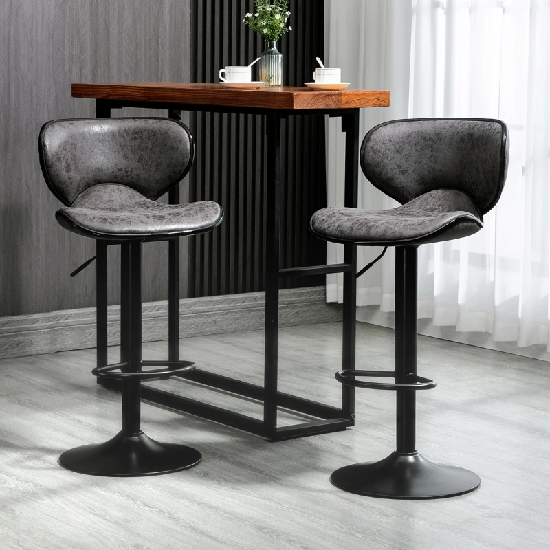 HOMCOM Kitchen Stools Set of 2 Leather Upholstered 61-81cm Adjustable Height Counter Bar Stools with Back, Dark Grey