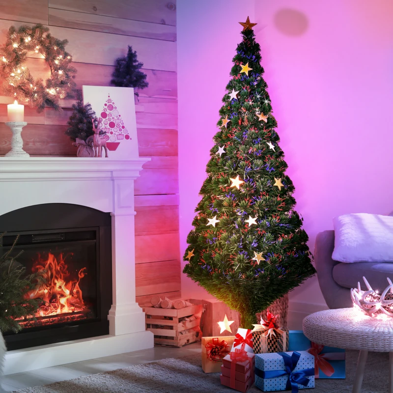 HOMCOM Albero di Natale 180cm con 27 Luci LED, Fibre Ottiche e 230 Rami, Albero di Natale Artificiale