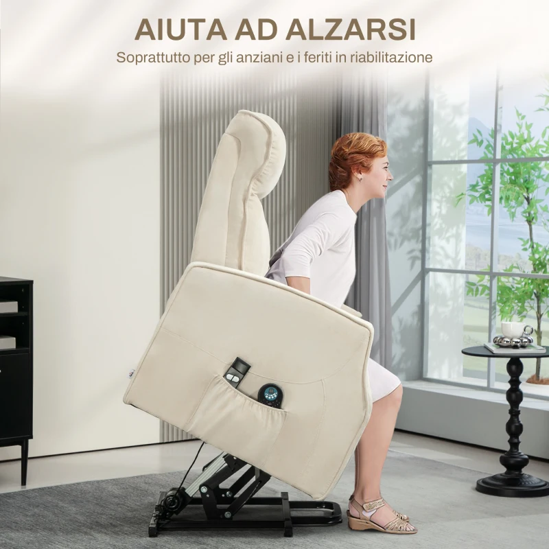 HOMCOM Poltrona Relax Alzapersona con 8 Punti Massaggio, Reclinazione a 135° e 2 Telecomandi, Crema