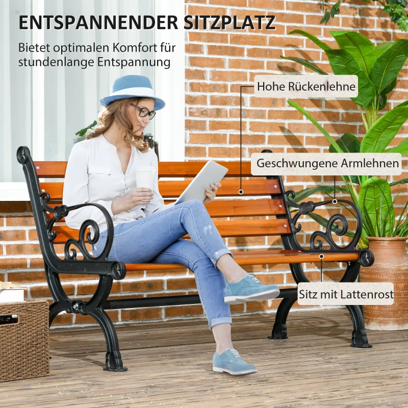 Outsunny Sitzbank für 2 Personen, dekorative Armlehnen, für Garten & Terrasse, Gussaluminium+Naturholz, 120 x 64 x 79 cm, Teak