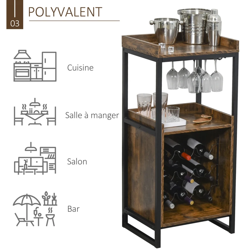 HOMCOM Casier à vin design industriel étagère à bouteilles 9 bouteilles support verres à vin intégré métal noir aspect vieux bois veinage
