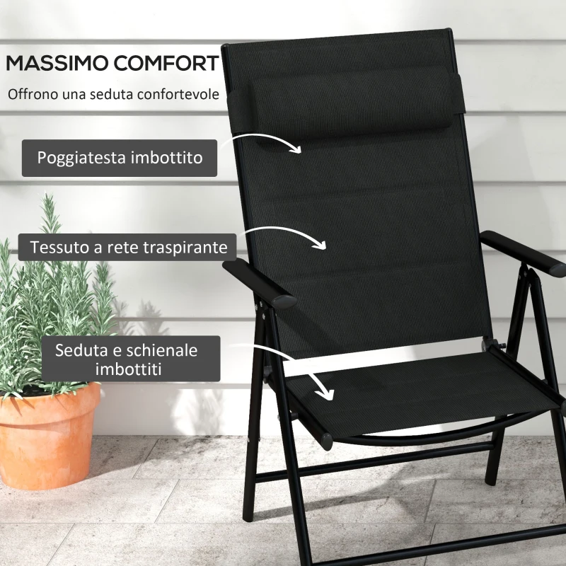 Outsunny Set 2 Sedie Pieghevoli con Schienale Reclinabile e Poggiatesta, in Alluminio e Poliestere, 54x67x108 cm, Nero