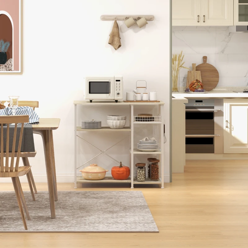 HOMCOM Estantería de Cocina con 1 Cesta 4 Ganchos en S 6 Almohadillas de Pie Ajustables y Estantes 90x40x84,5 cm Roble y Blanco