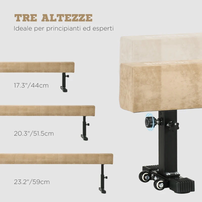HOMCOM Trave Ginnastica Artistica con Altezza Regolabile e Piedini Antiscivolo, 226x31x59cm, Marrone