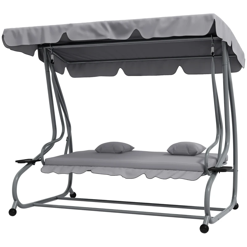 Outsunny Balancín de Jardín Exterior de 3 Plazas Convertible en Cama con Toldo Ajustable y 2 Almohadas Carga 340 kg Gris