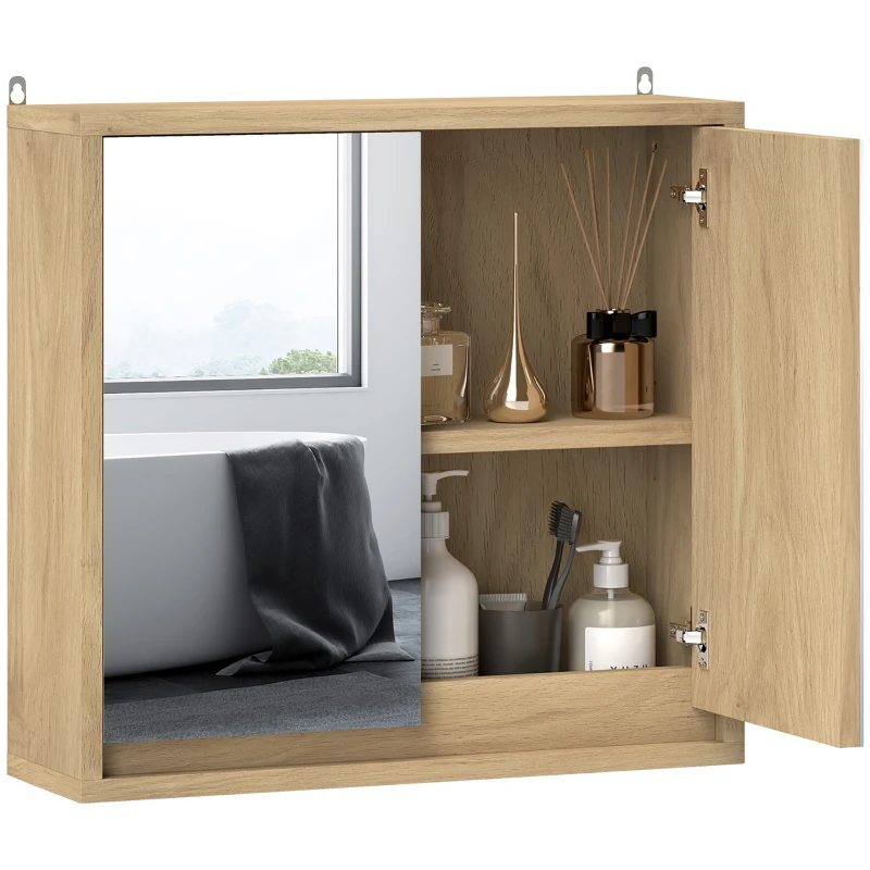 HOMCOM Armario de Baño con Espejo con 2 Puertas y Balda Ajustable Mueble Colgante de Estilo Moderno 48x14,5x45cm Natural(m-9)