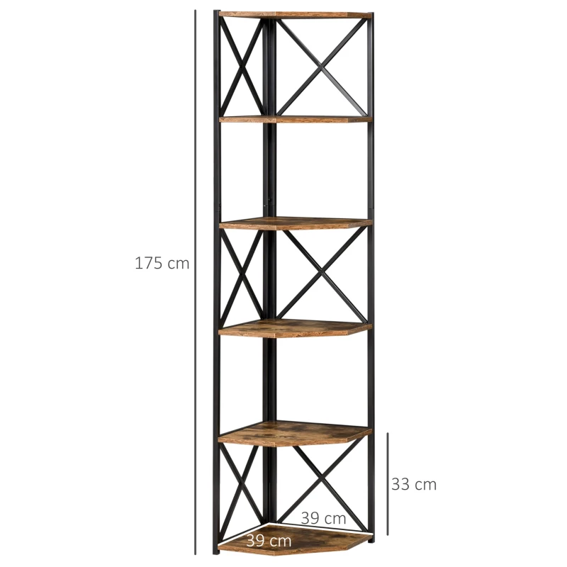 HOMCOM Libreria Angolare a Muro, Scaffale Stile Industriale in Legno e Metallo con 5 Ripiani, 39x39x175cm, Marrone Rustico