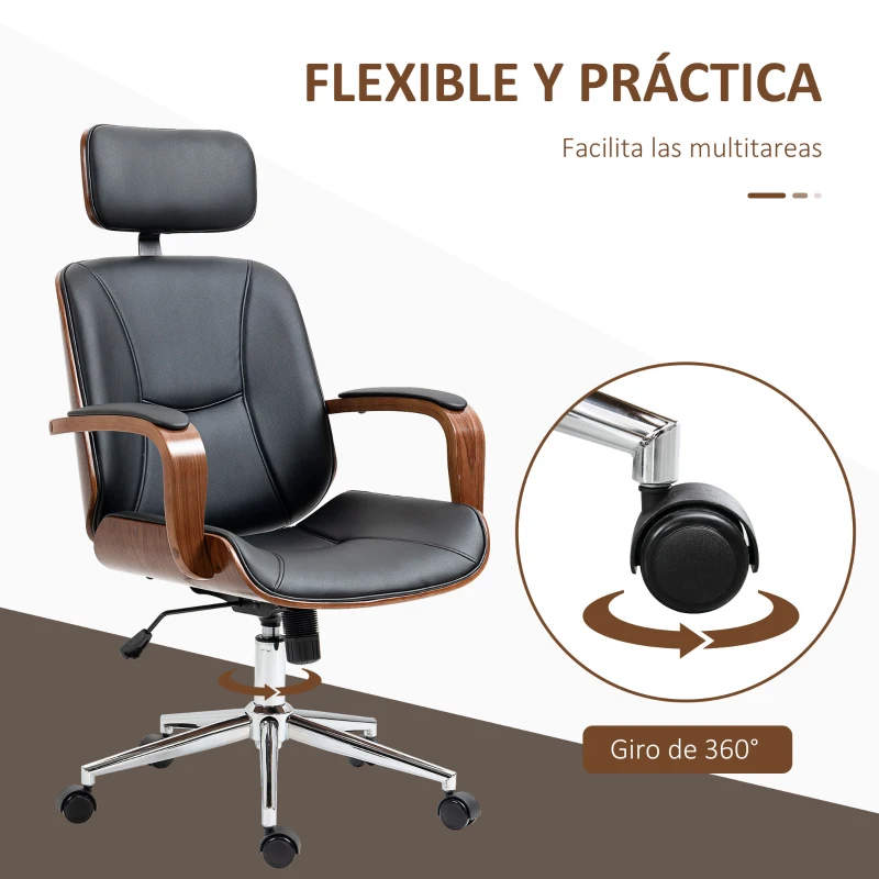 Vinsetto Silla de Oficina de Cuero PU Basculante con Reposacabezas Extraíble Altura Ajustable 63x62x110-120 cm Negro