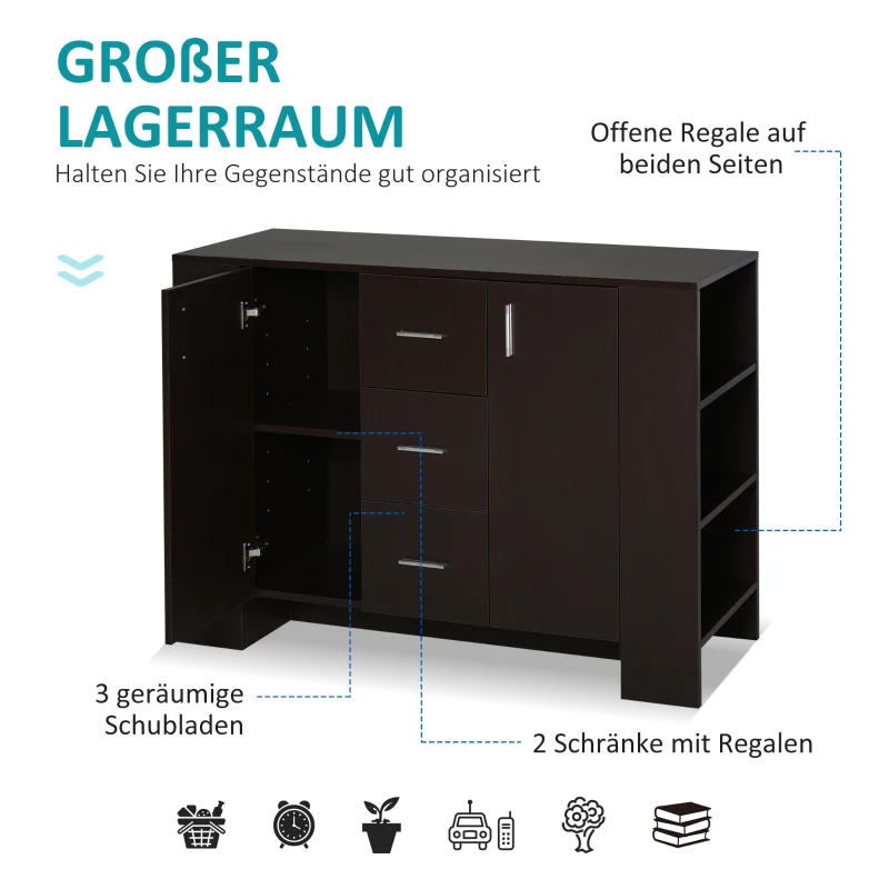 HOMCOM Sideboard, Kommode, Beistellschrank, Standschrank mit 2 Türen und 3 Schubladen, Dunkelkaffee, Spanplatte, 120 x 38 x 84 cm