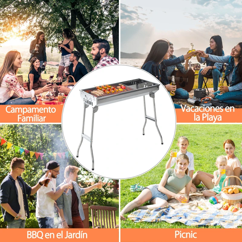 Outsunny Barbacoa Portátil y Plegable de Acero Inoxidable con Parrilla de Carbón BBQ de Picnic Camping Jardín 73x33x71 cm Plata