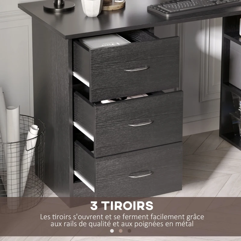 HOMCOM Bureau avec rangement, table informatique 120 x 50 cm, bureau d'ordinateur avec étagères et tiroirs, pour petits espaces, chambre à coucher, noir