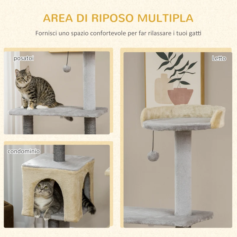 PawHut Tiragraffi per Gatti Alto 156cm con Lettino, Casetta e Pali Tiragraffi in Sisal