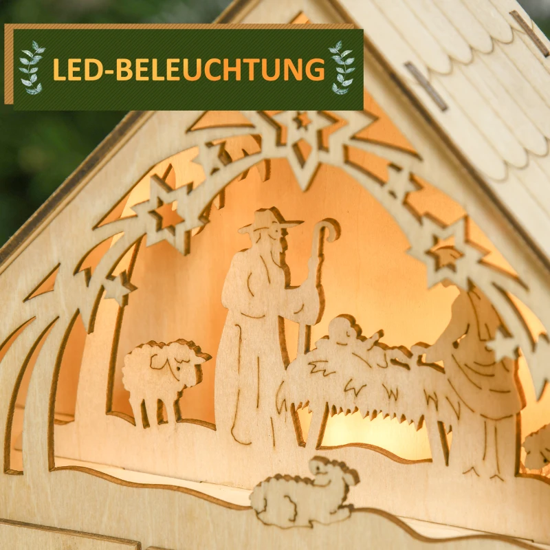 HOMCOM Adventskalender mit LED-Beleuchtung, 24 Schubladen, Krippenszene, 26,6x6x30 cm, Holzoptik