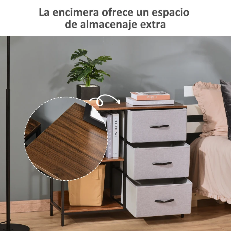 HOMCOM Cajonera de Tela Estrecha, Cómoda de Tela con 3 Cajones Plegables, 2 Estantes Abiertos y Amplia Encimera, Cómoda para Dormitorio, Salón y Pasillo, Nogal y Gris Claro