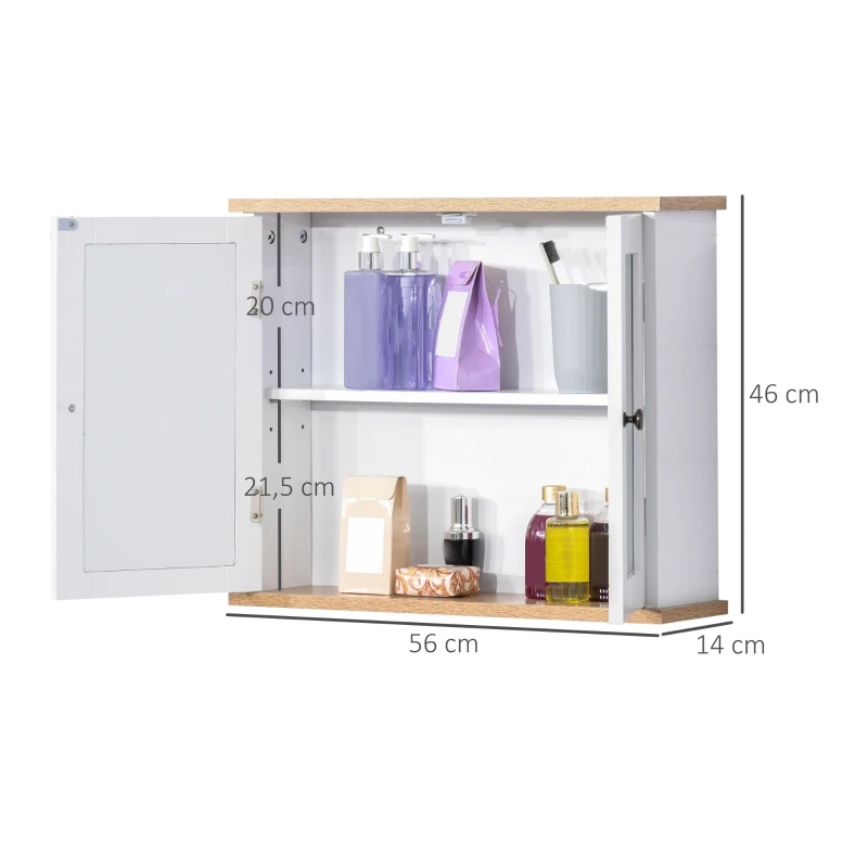 kleankin Armoire Murale avec Miroir pour Salle de Bain 2 Niveaux avec 1 étagère réglable et 2 Portes en bois- dim. 56I x 14P x 46H cm