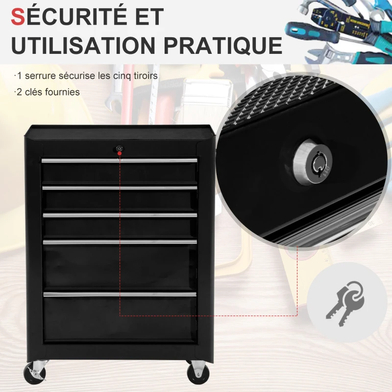 HOMCOM Chariot à outils sur roulettes en acier avec 5 tiroirs verrouillable 2 clés tapis antidérapant 61,5 x 33 x 82,5 cm noir