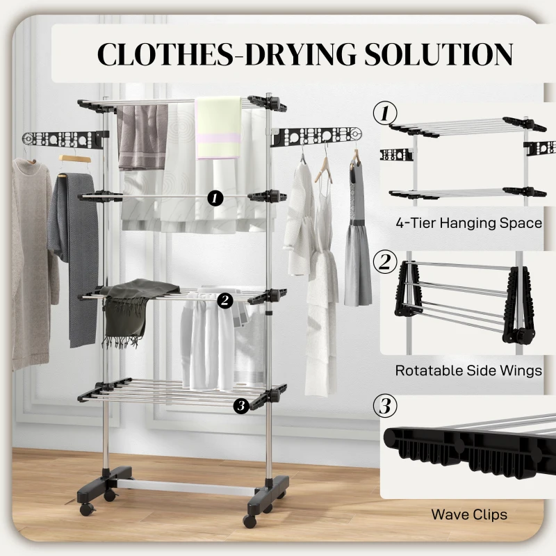 HOMCOM Four-Shelf Collapsing Clothes Horse, With Side Arms and Wheels - Black