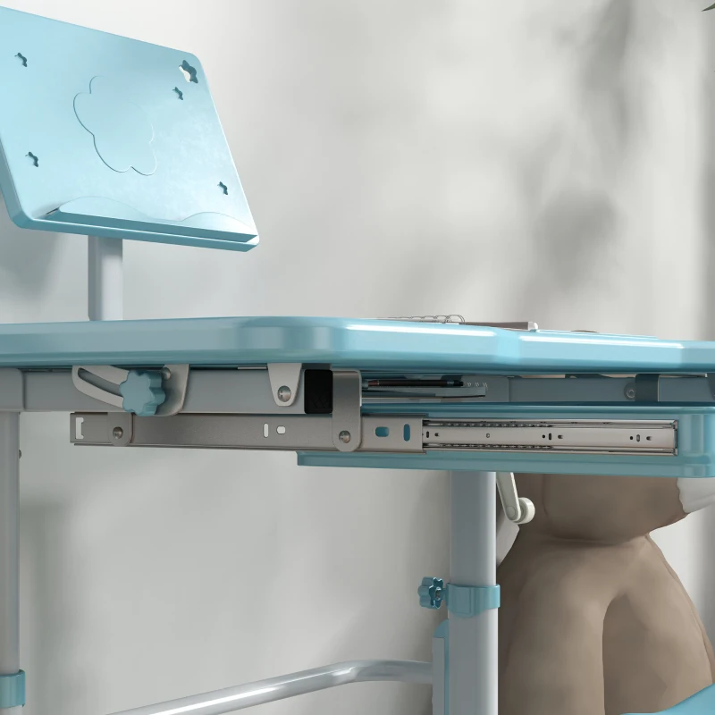ZONEKIZ Pupitre Infantil Ajustable con 1 Cajón 1 Estante para Libros y Ángulo de Mesa Ajustable 80x49,5x82-104 cm Azul y Blanco